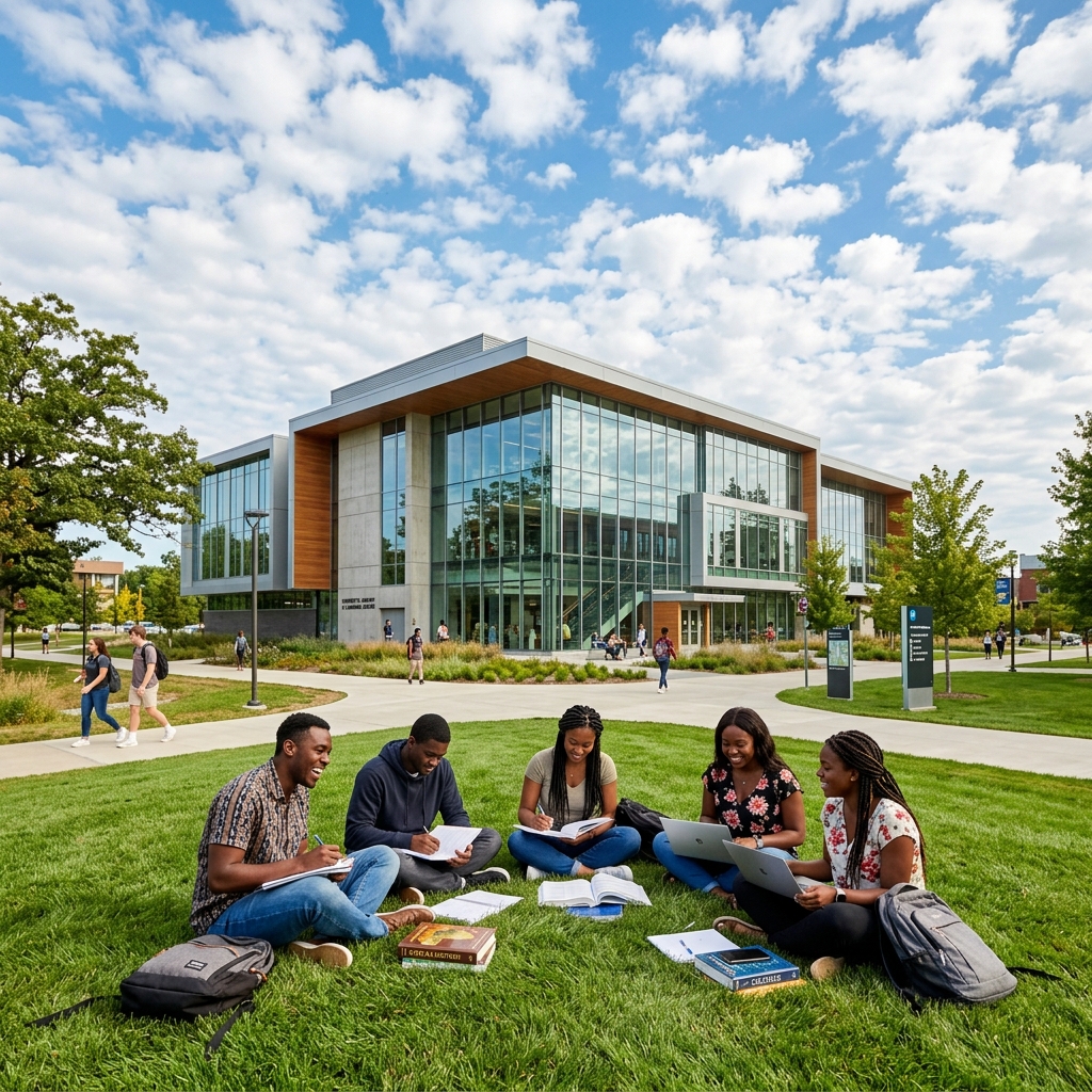 Modern college campus with students studying on the lawn